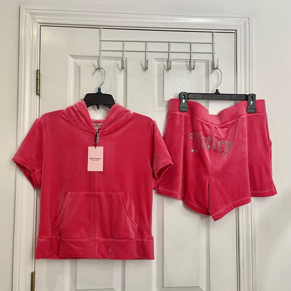 Juicy Couture Velour Tracksuit Set Watermelon Pink Hoodie & Shorts Y2K – NWT L - Picture 2 of 6